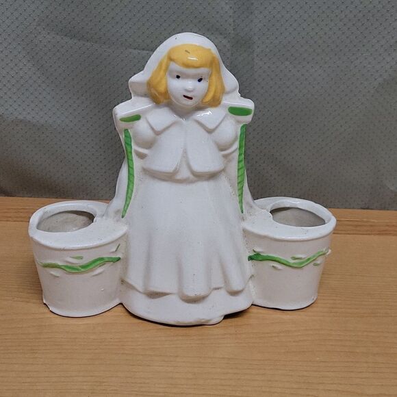 Vintage Dutch Girl Ceramic Toothpick Matchstick holder,Girl watering flower vase - Picture 2 of 13